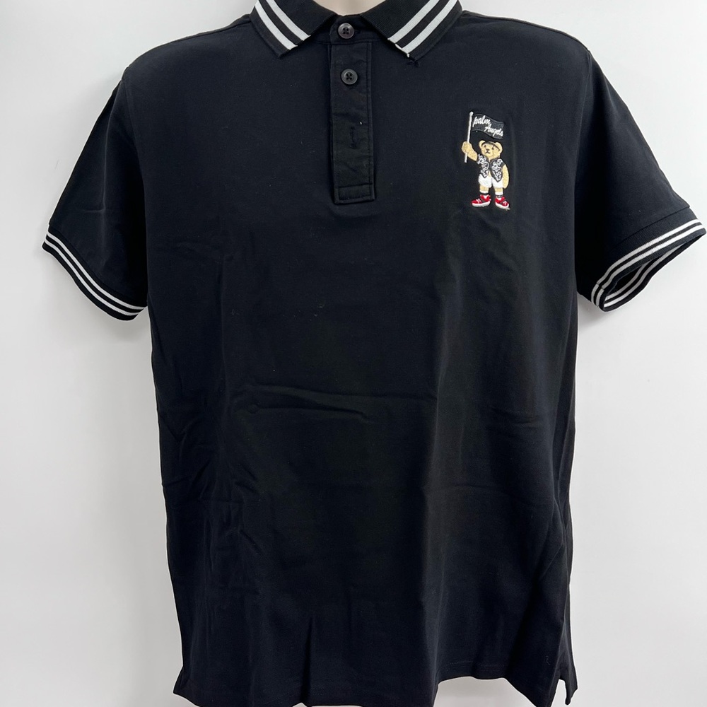 Palm Angels Pirate Bear Embroidered Logo Men's Short Sleeve Black Polo Shirt ~XL